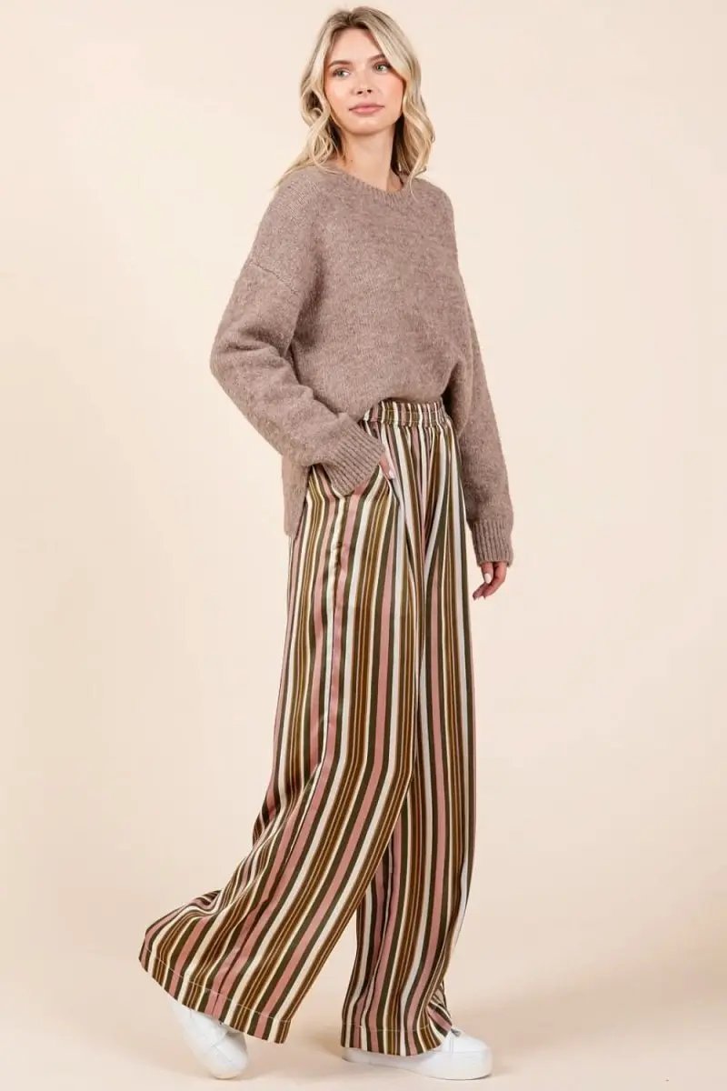 Chic Striped Satin Wide Leg Pants with Elastic Waist and Pockets - Love Salve